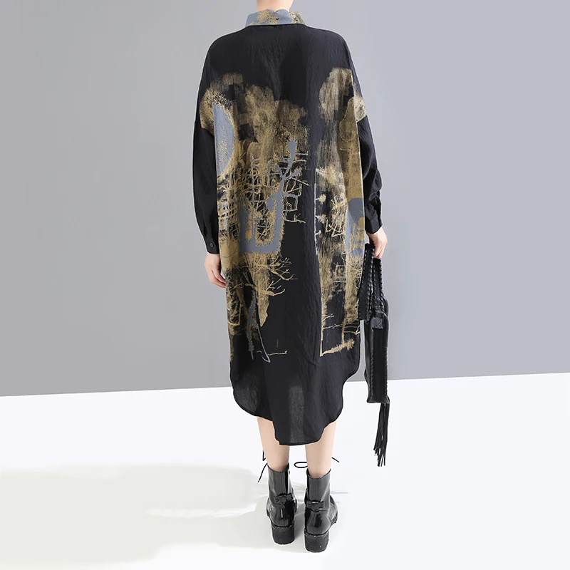 Женский в Корейском стиле повседневное винтажное черное платье-рубашка с