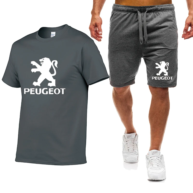 

Casual Trend Short sleeve Peugeot Car Logo Printing Cotton Round Neck High Quality Men's POLO shirt pants 2 piece suit