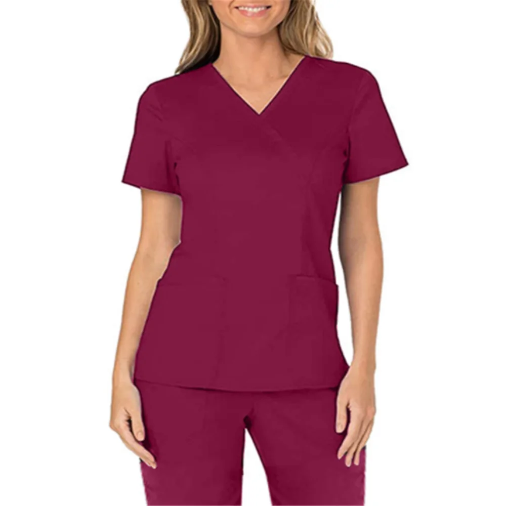 

Fashion Nurse Uniforms Women Plus Size Short Sleeve V-neck Tops Working Uniform Solid Pocket Blouse Blusas Mujer De Moda 2021