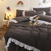 Korean Princess Ruffles Black Bedding Set with Duvet Cover Sheets Pillowcase Twin Size Nordic Pure Color Quilt Cover Bedspread