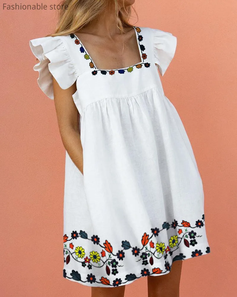 

Summer Square Collar Sexy Solid Dress Women Fashion Ruffle High Waisted Vestidos Short Sleeve Casual Womens White Dresses