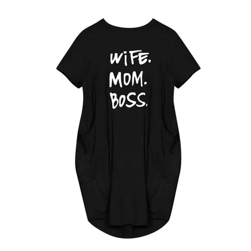 Черные платья для женщин Свободные мама с надписью Boss печати Платье Весна Щур