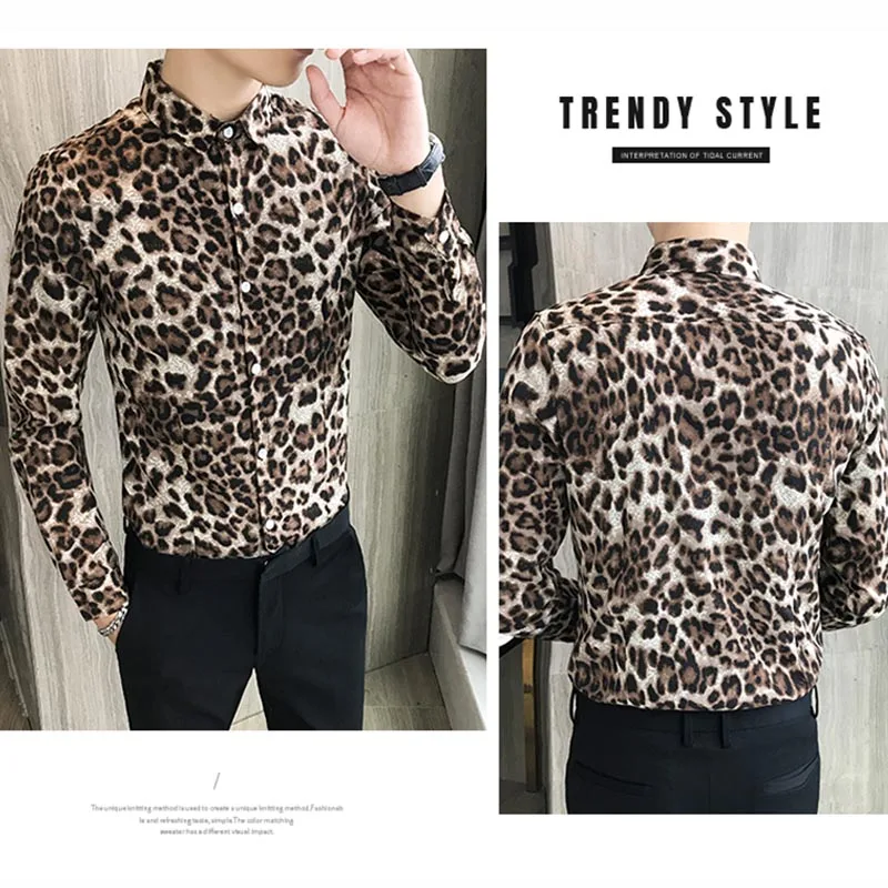 Корейская уличная мода весна осень леопардовая печатная Рубашка мужская