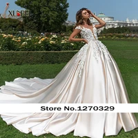 robe de mariee princess wedding dresses with v neck 3d flowers off the shoulder bridal gown luxury satin vintage wedding gowns