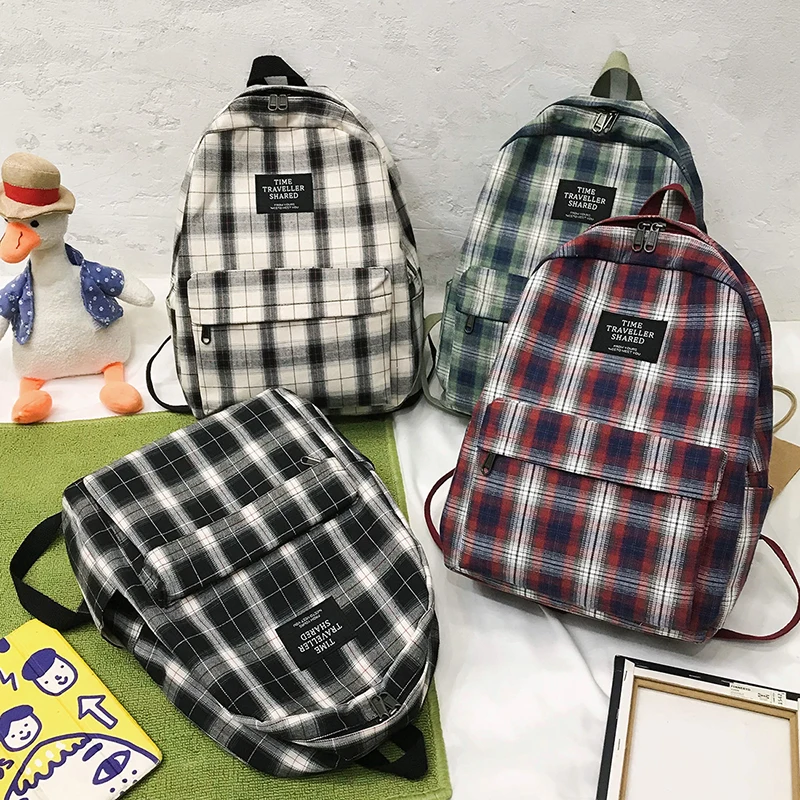 

Students Backpack Women's Plaid Pattern Schoolbag Canvas Softback Campus Style Rucksack Travel Bagpack Female Casual Bags Couple