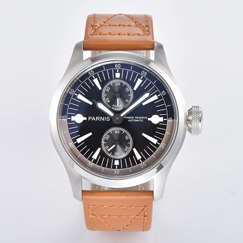 

Casual Parnis 46.5mm Black Dial Automatic Mechanical Men Watch Power Reserve Brown Leather Strap Men's Watches herren uhren 2022