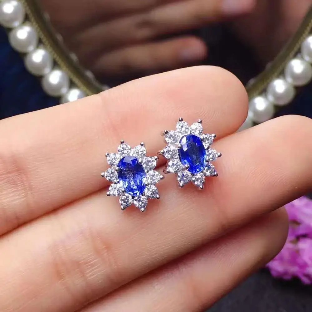 Natural And Real Blue Sapphire Earrings 925 Sterling Silver for Women Wedding Engagement | Украшения и аксессуары
