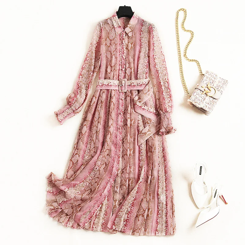 Весеннее платье для женщин змея две детали с принтом комплект OL отворотом