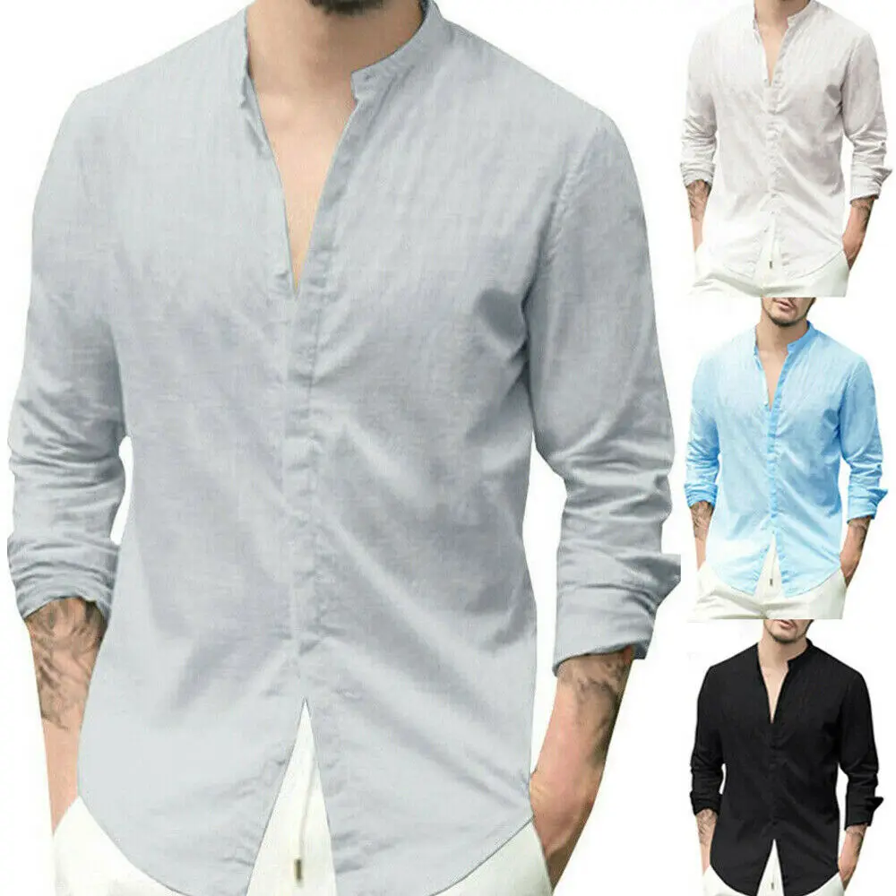 

Рубашка Henley мужская с длинным рукавом, Повседневная блузка из хлопка и льна, приталенная, с V-образным вырезом, топы, однотонная Базовая футб...