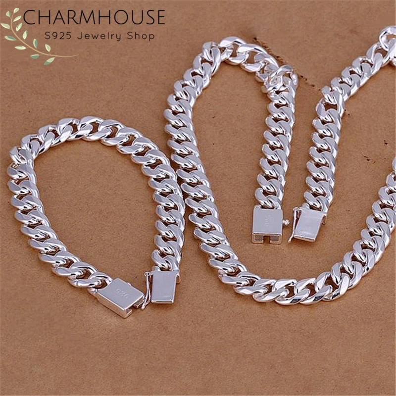 Conjuntos de joyas de plata pura para hombre, pulsera y collar de cadena de eslabones de 10mm, joyería africana, 2 uds.