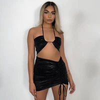sexy woman party clubwear two piece skirt set black leather backless halter top and short mini skirt bodycon summer clothes