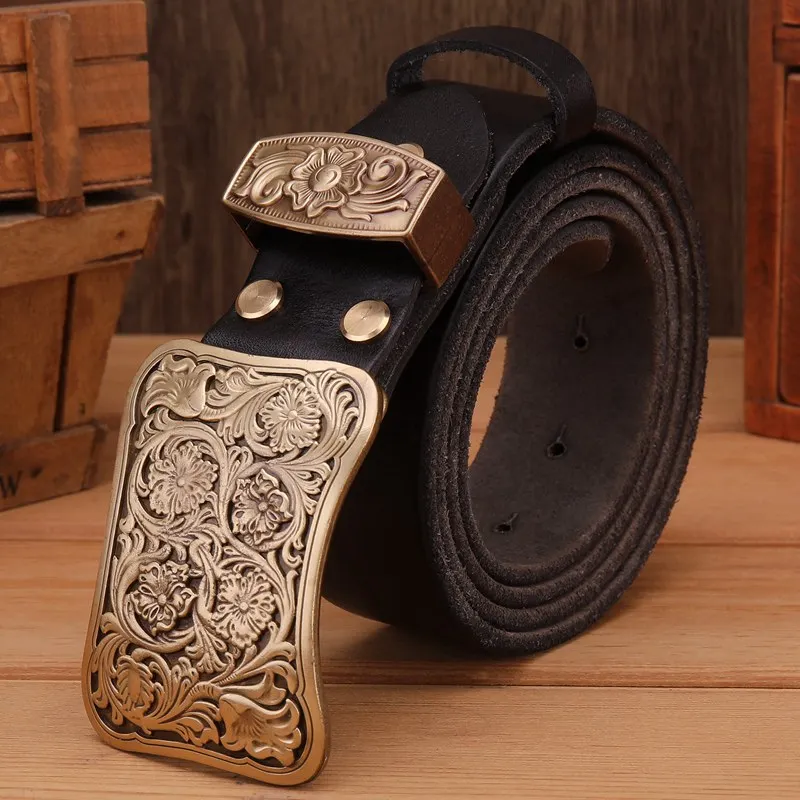 flower ring gray Твердый латунный ремень с пряжкой в виде цветка, коричневый, черный, мужские ремни, роскошные, полностью зернистые, Воловья кожа, натуральная кожа, высокое качество, винтажная, Золотая Талия - Цвет: flower ring gray