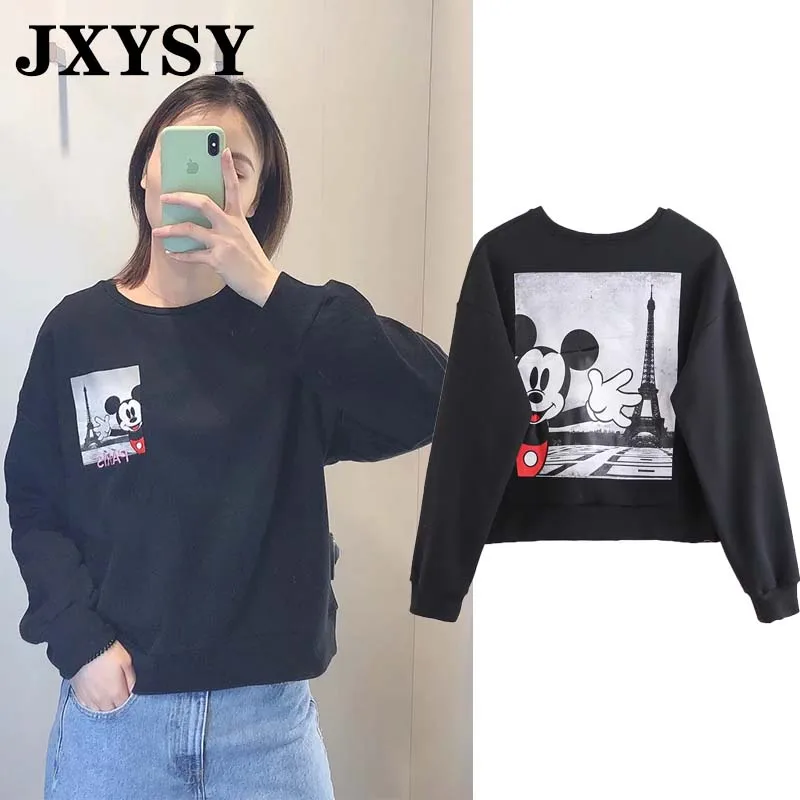 JXYSY толстовки Женская одежда черный розовый принт с мышкой из мультфильма длинный рукав О-образный вырез женский свитер Повседневный Свободный пуловер
