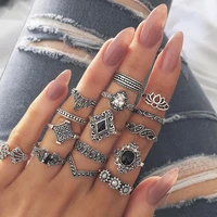 15 piece retro knuckle ring set for women antique silver flower carved rings inlaid black stone bohemia jewelry gifts wholesale