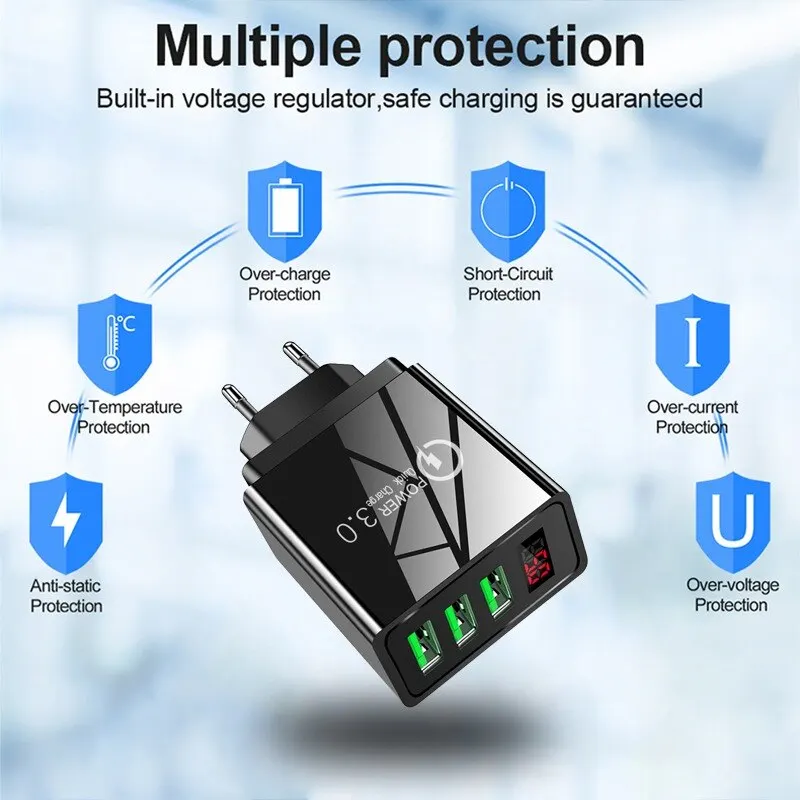 

5v3.1a Digital Charger 3usb Digital Display Fast Charging Smart Phone Charging Plug Cross-Border EU US UK
