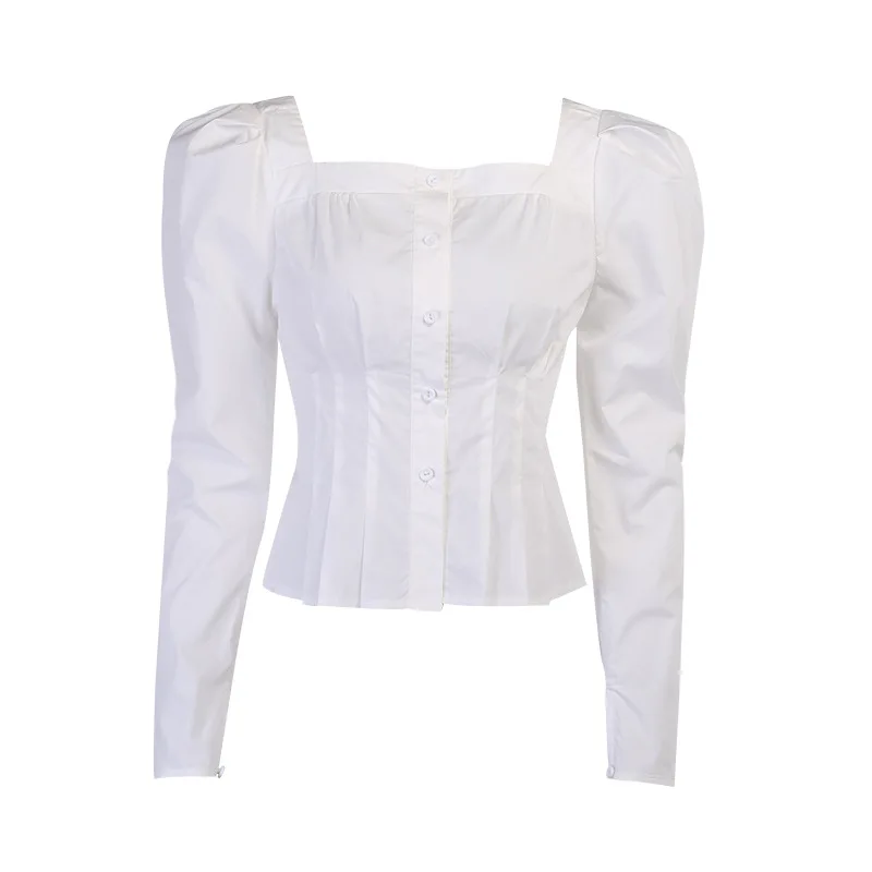

2021 Square Neck Long Puffy Sleeve Top Women Elegant Lantern Long Sleeve Shirt White Button Fashion Sexy Retro Tops