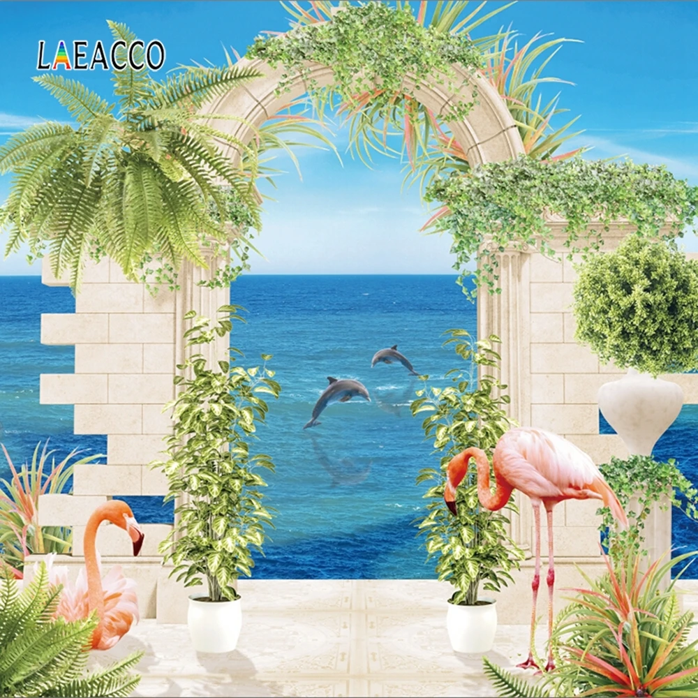 

Laeacco Bride Shower Photophone Seaside Wedding Photocall Dolphin Flamingo Tropical Grass Photography Backdrops Photo Background