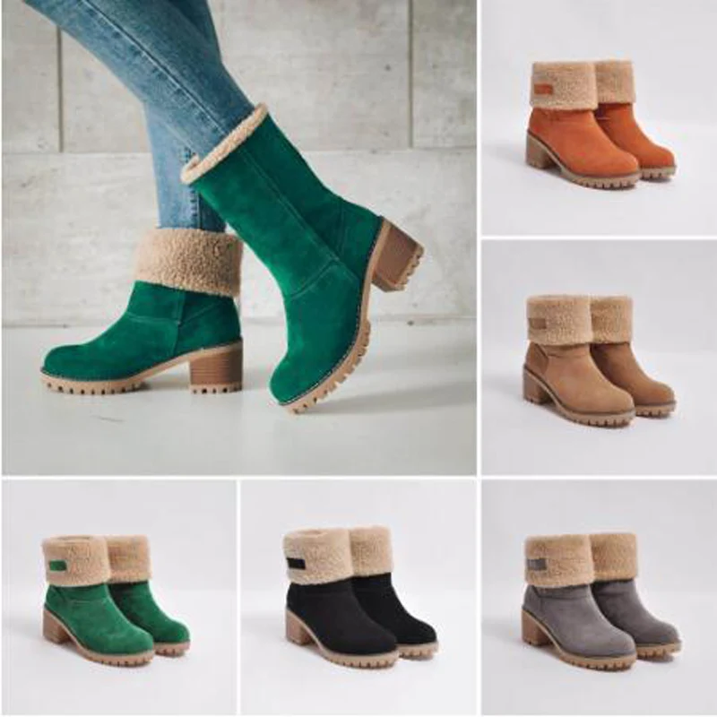 

2020 New Women Winter Snow Warm Boots 5cm High Heels Fur Felt Russia Jeans Boots Block Low Heels Plush Ankle Booties Cheap Shoes