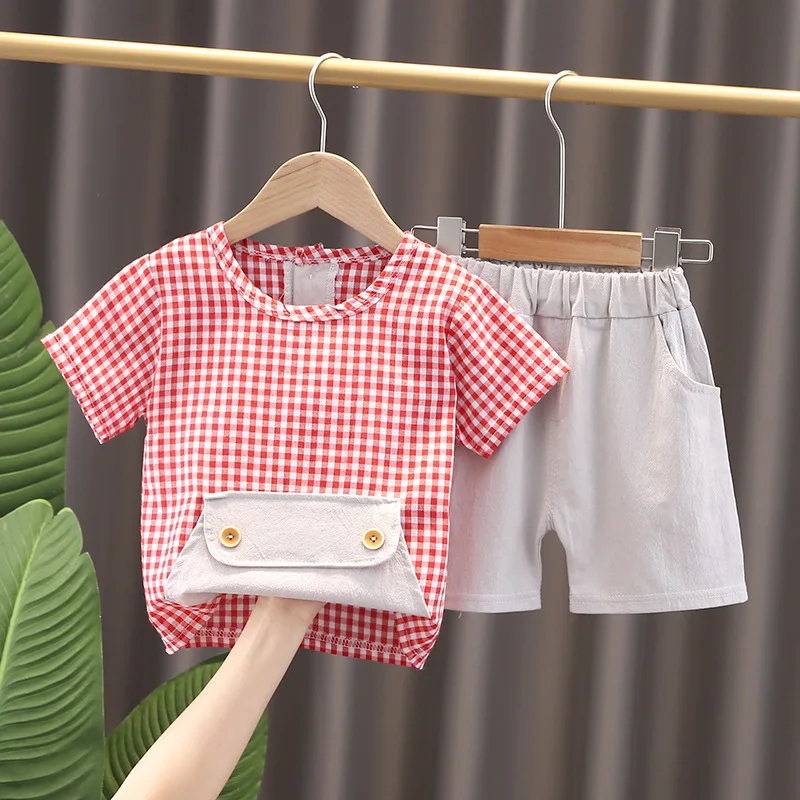 

2021 Toddler Boys Casual Clothing Sets Summer Infant Kids Cotton Hemp PlaidT-shirt + Solid Shorts Fashion Toddler Girls Clothes