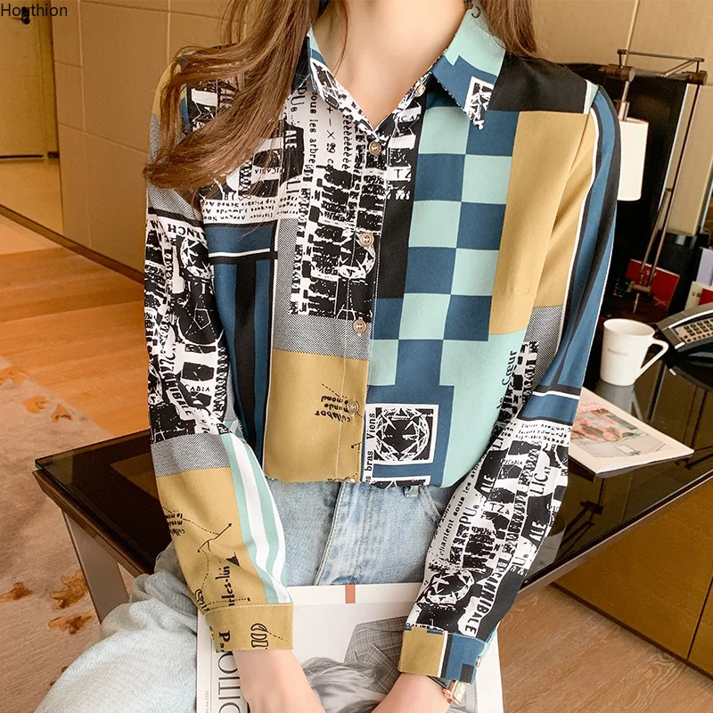 

Summer New Women's Blouses Polo Shirt Long Sleeve Tops Stitching Blouse Printed Chiffon Casual Fashion Lady Loose