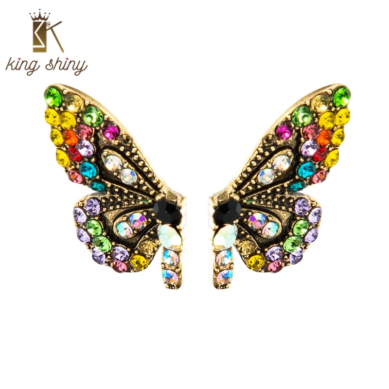 

King Shiny Elegant Multi Color Crystal Butterfly Stud Earrings Vintage Sparkly Rhinestone Statement Earrings Girls Party Jewelry