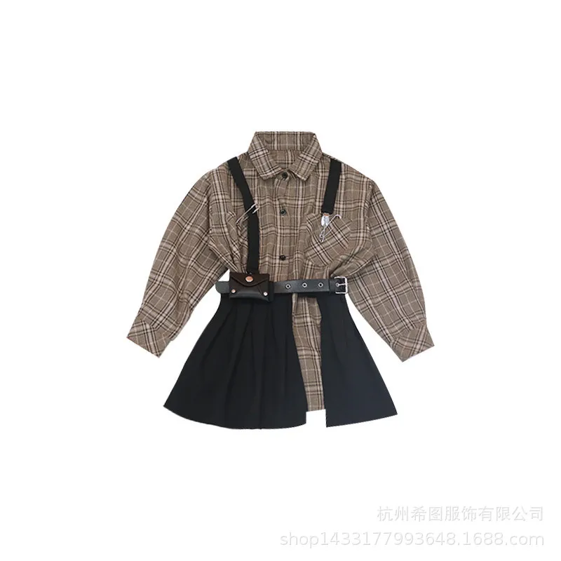 Осень 2020 новый костюм для девочек клетчатая рубашка юбка средней длины из двух