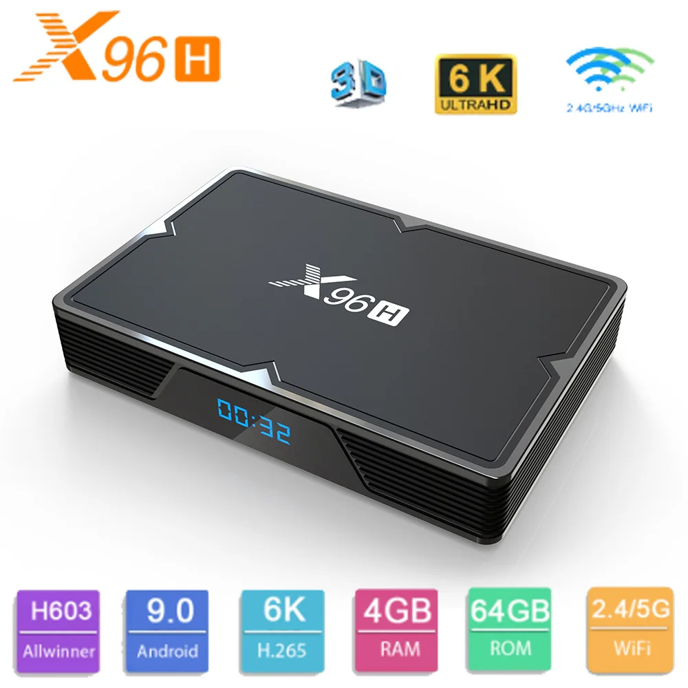 X96H Android 9,0 Смарт ТВ коробка Allwinner H603, 4 Гб оперативной памяти, 32 Гб встроенной памяти, BT4.1 2,4G 5G Wi-Fi 6K IPTV Set-top Box с 3 портами(стандарт Порты и разъёмы Media Player PK X96 Max