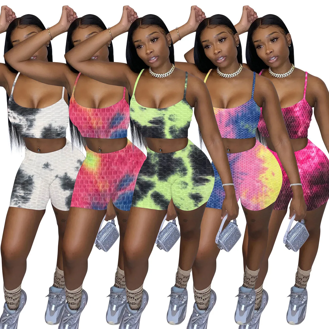 

Summer Tie Dyeing Print Two Piece Club Outfits Women's Sport Suit Spaghetti Strap Bandage Crop Top and Biker Short Streetwear