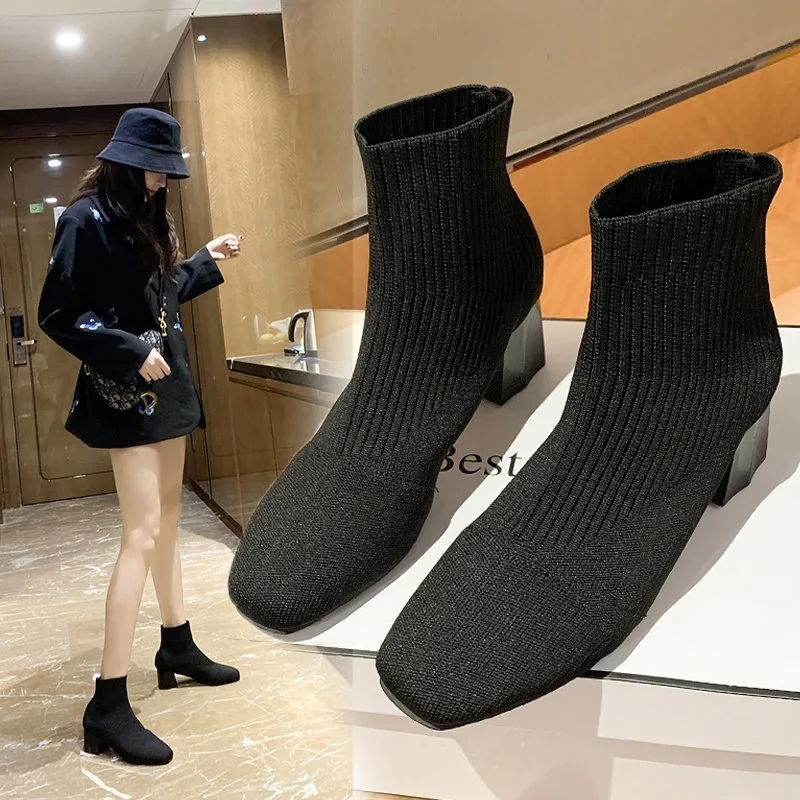 

2021 New Stretch Sock Boots Women 2021 Winter New Square Toe Casual Large Size Net Knitted Short Boot Women Ankle Botas De Mujer