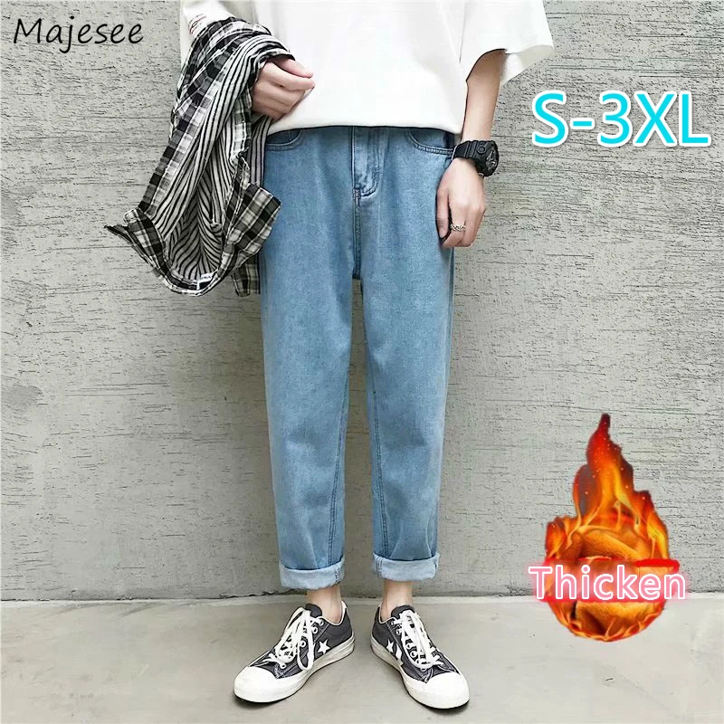 

New Men Jeans Oversize 3XL Winter Thicken Denim Loose Trousers Chic Ulzzang All-match Teens Young Straight Simple Bottoms Male
