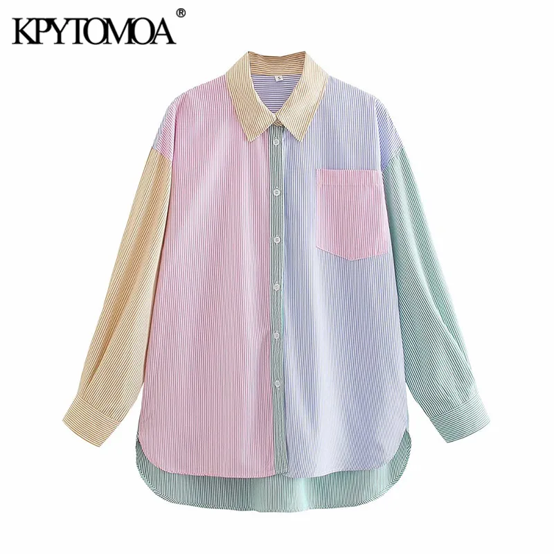 

KPYTOMOA Women 2021 Fashion Patchwork Striped Oversized Blouses Vintage Long Sleeve Pockets Female Shirts Blusas Chic Tops