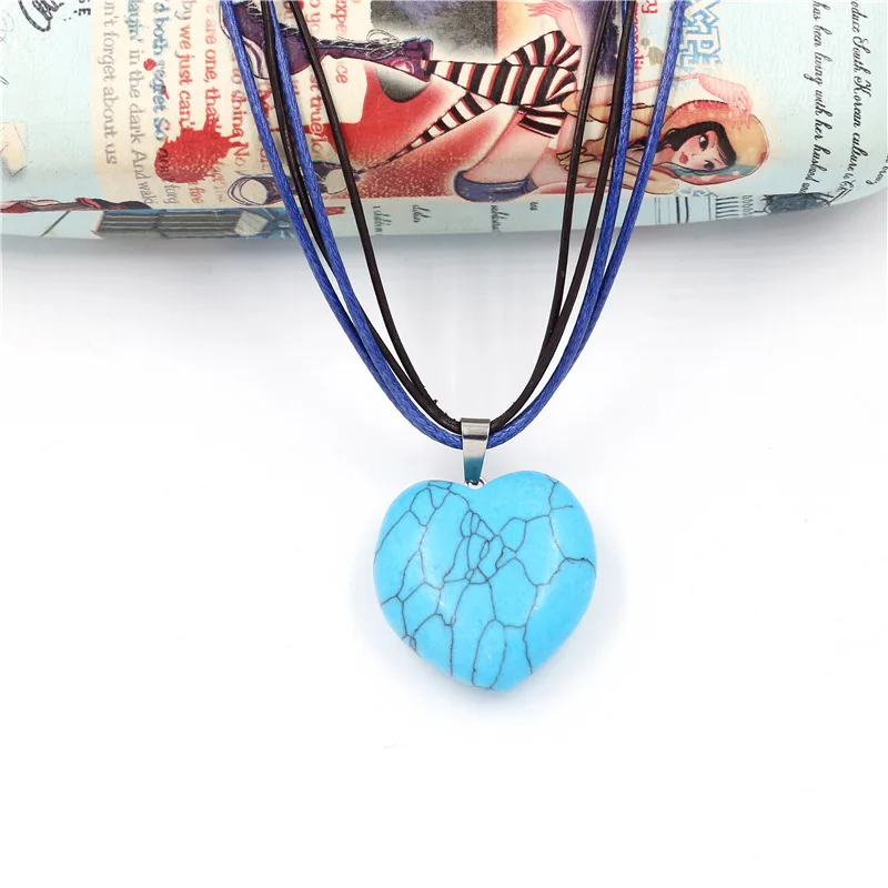 

Amorcome Vintage Blue Stone Heart Pendant Necklace Handmade Multi-strand Leather Long Chains Sweater Necklace Women Party Gift