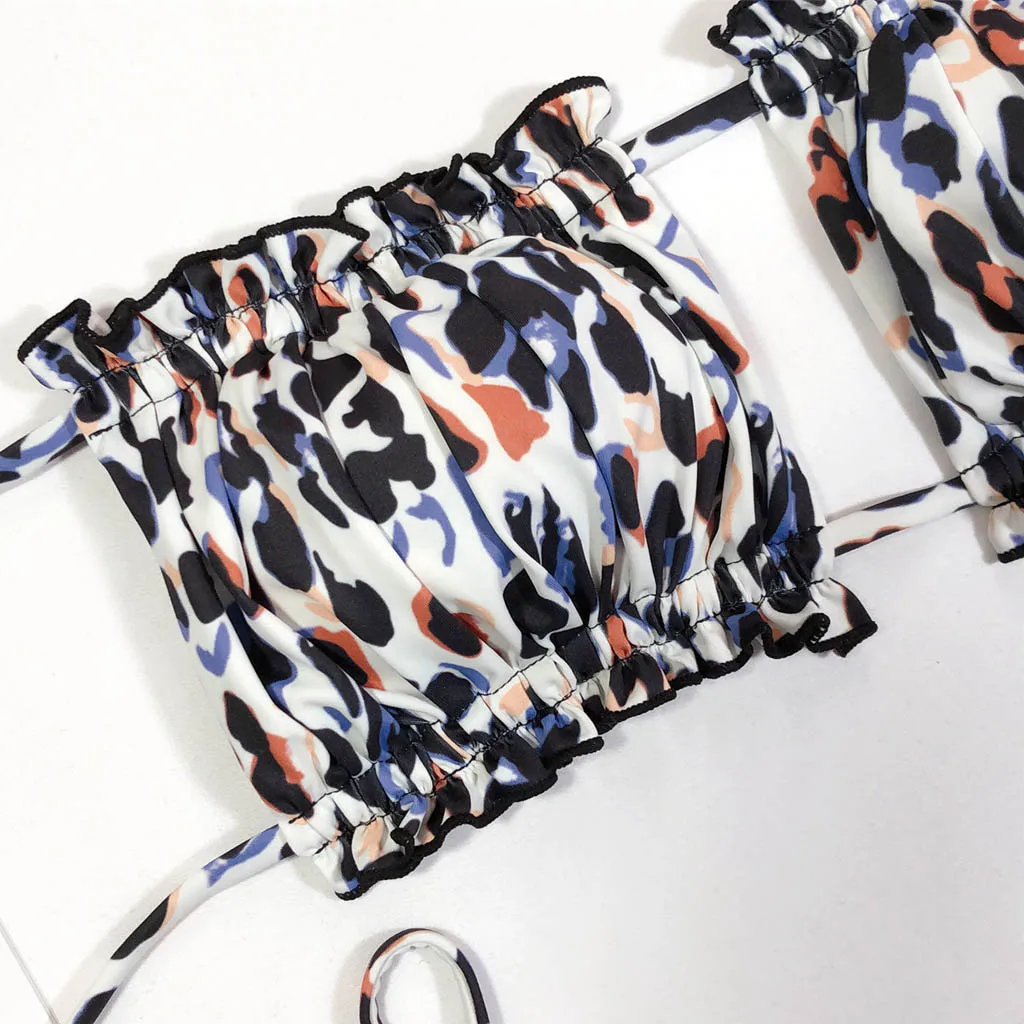 

Sexy Women Leopard Hollow Bikini Push-Up Padded Swimwear Beachwear Set Split Ruffle Cutout Leopard Print Strappy Swimsuit Z0226