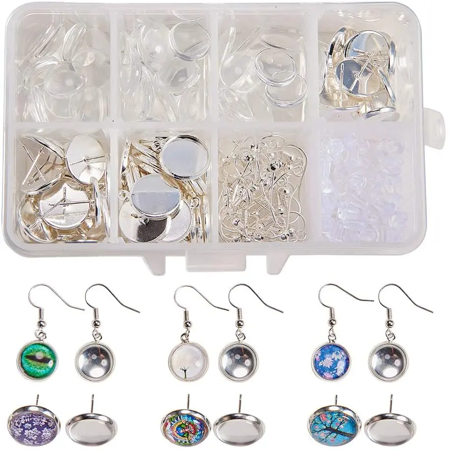

1 Box DIY 30 Pairs Cabochon Pendant Stud Earrings Making Kit 60pcs Earring Bezel Settings with 60pcs 12mm Clear Glass Cabochons