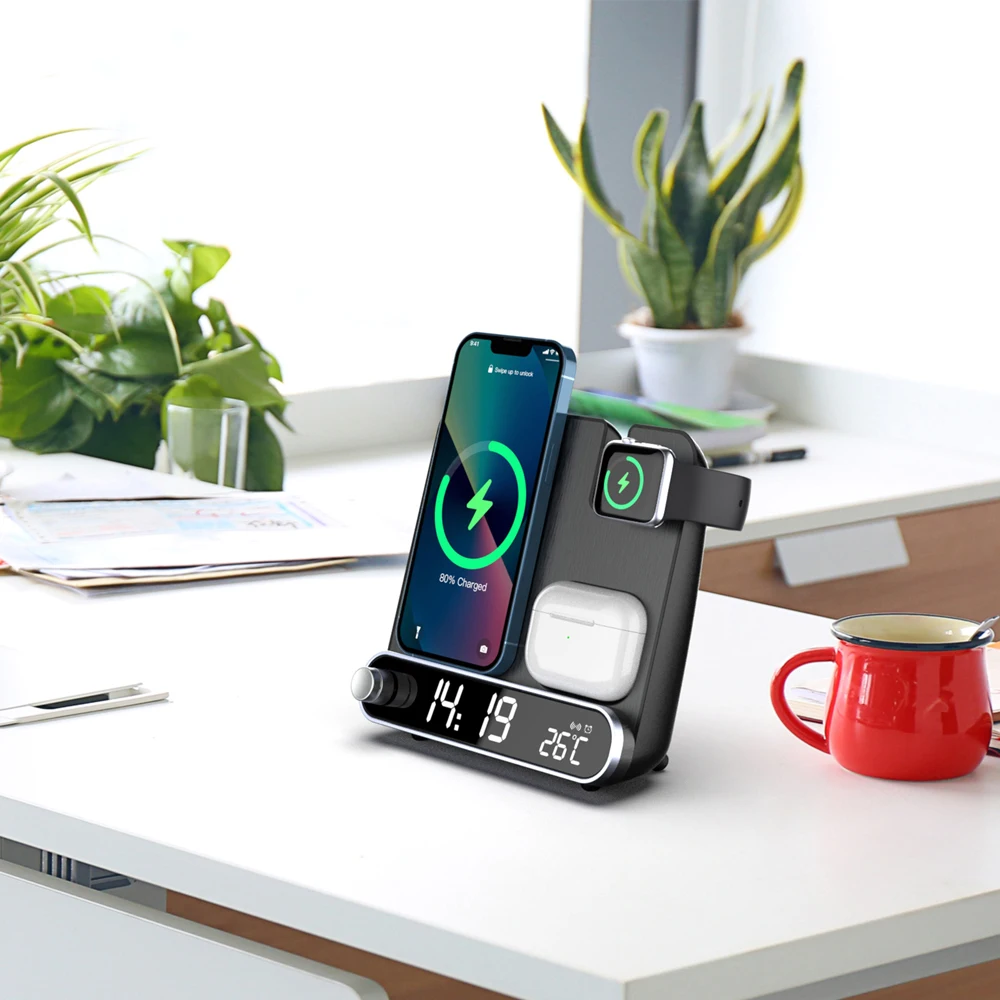 3 in 1 fast wireless charging station for iphone 13 12 pro max mini led digital clock desk alarm thermometer wireless charger free global shipping