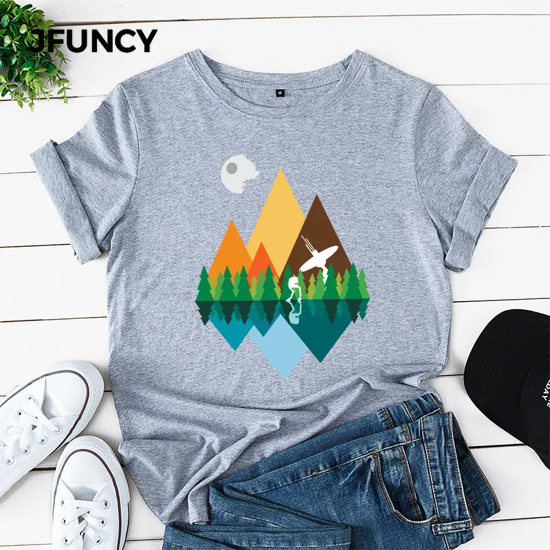 JFUNCY  100% Cotton Summer Tshirt Mountain Printed Women T-Shirt Short Sleeve Woman Tee Tops Female Loose T Shirt