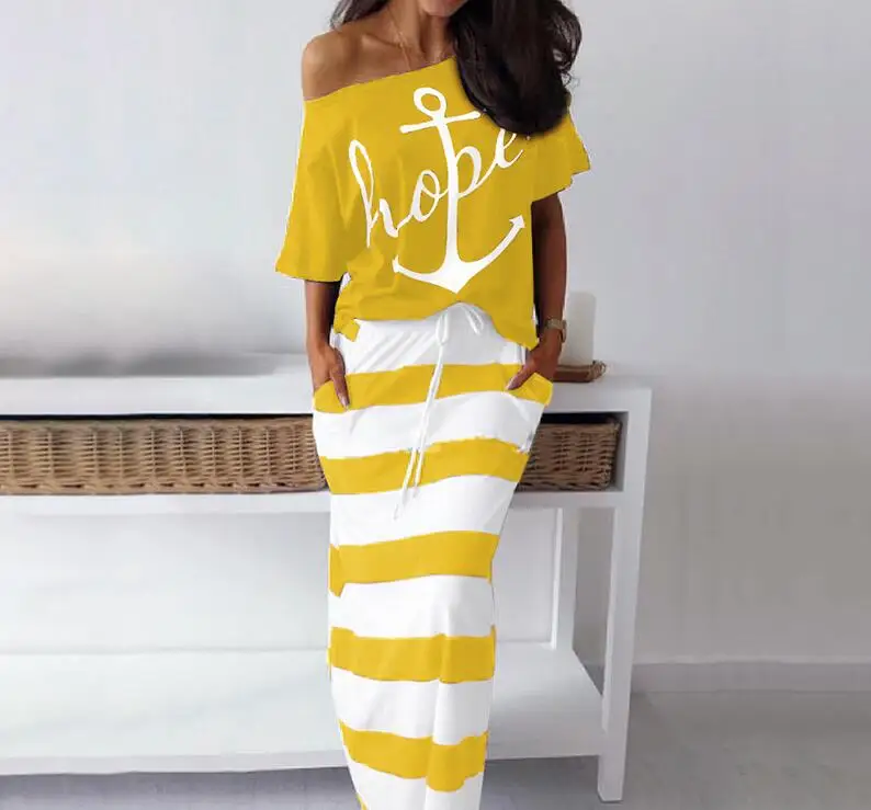 Casual style 2 piece skirt suit short sleeve loose top and striped long two set lady simple |