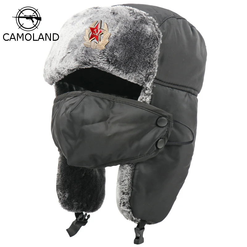 

CAMOLAND Soviet Army Military Badge Bomber Hats For Women Men Russia Ushanka Hats Faux Fur Earflap Snow Caps Trapper Hat