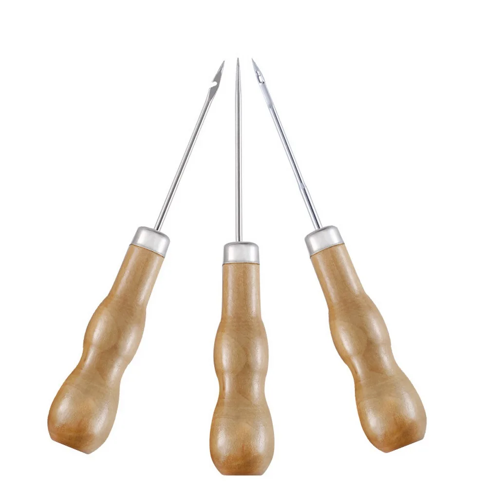 

3Pcs Wooden Handle Sewing Awl DIY Carft Stitch Needle Cone Die Stencils Canvas Shoes Repair Punch Leather Sewing Awl Tool Kit