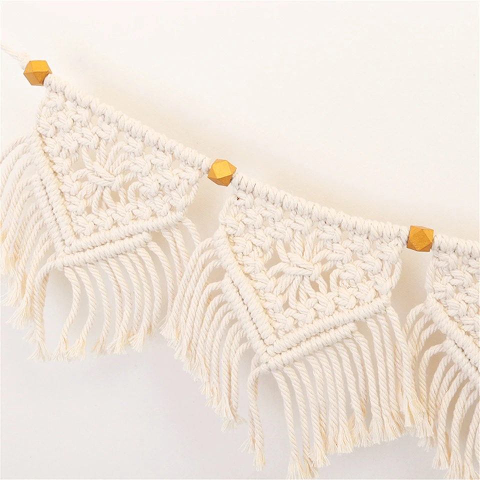 Настенный Гобелен макраме 7 баннеров в богемном стиле желтые бусины с кисточками