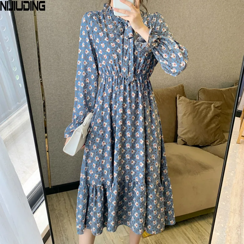 

Spring Autumn Women's Long Sleeve Floral Chiffon Dresses With Lining Bow Ruffled Pleated Winter Bottoming Dress Female Vestidos