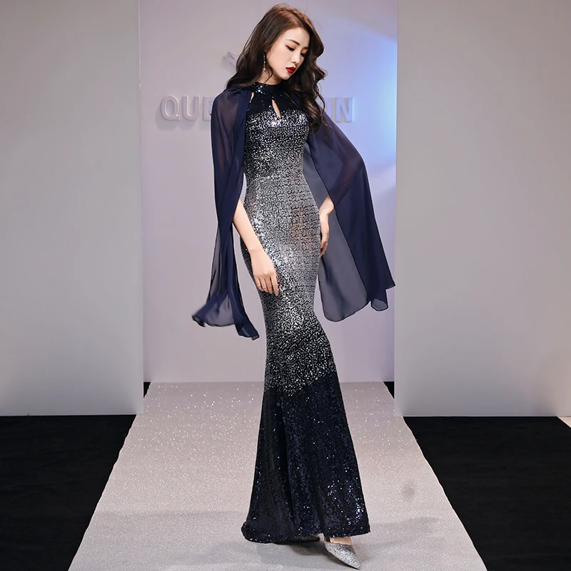 

Sexy Women Cheongsam Halter Tight Gradient Sequined Novelty Formal Chinese Dress Long Sleeve Trumpet cheongsam lingerie