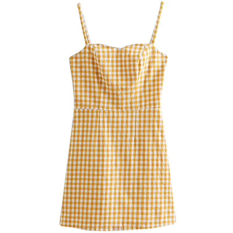 

Australia Special-Interest Design Hepburn Style Yellow Plaid Slip Dress Minimalist Cotton Short Skirt French Girl Dress