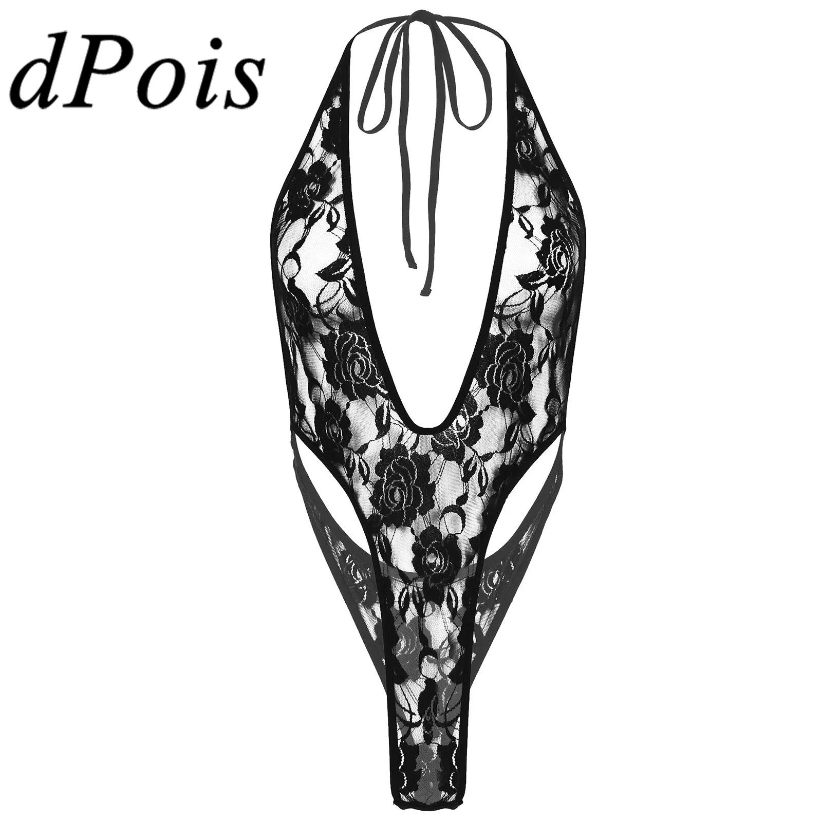 

Women Halter Lace-up Deep V Neck Bodysuits One-piece See Through Lace Lingerie Sexy Monokini Swimwear Backless Swimsuit