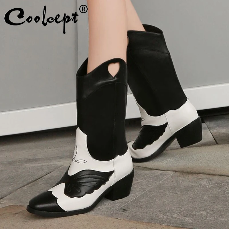 

Coolcept 2020 New Mid Calf Boots For Women Fashion Mixed Color Thick Heels Shoes Autumn Winter Daily Women Footwear Size 33-45