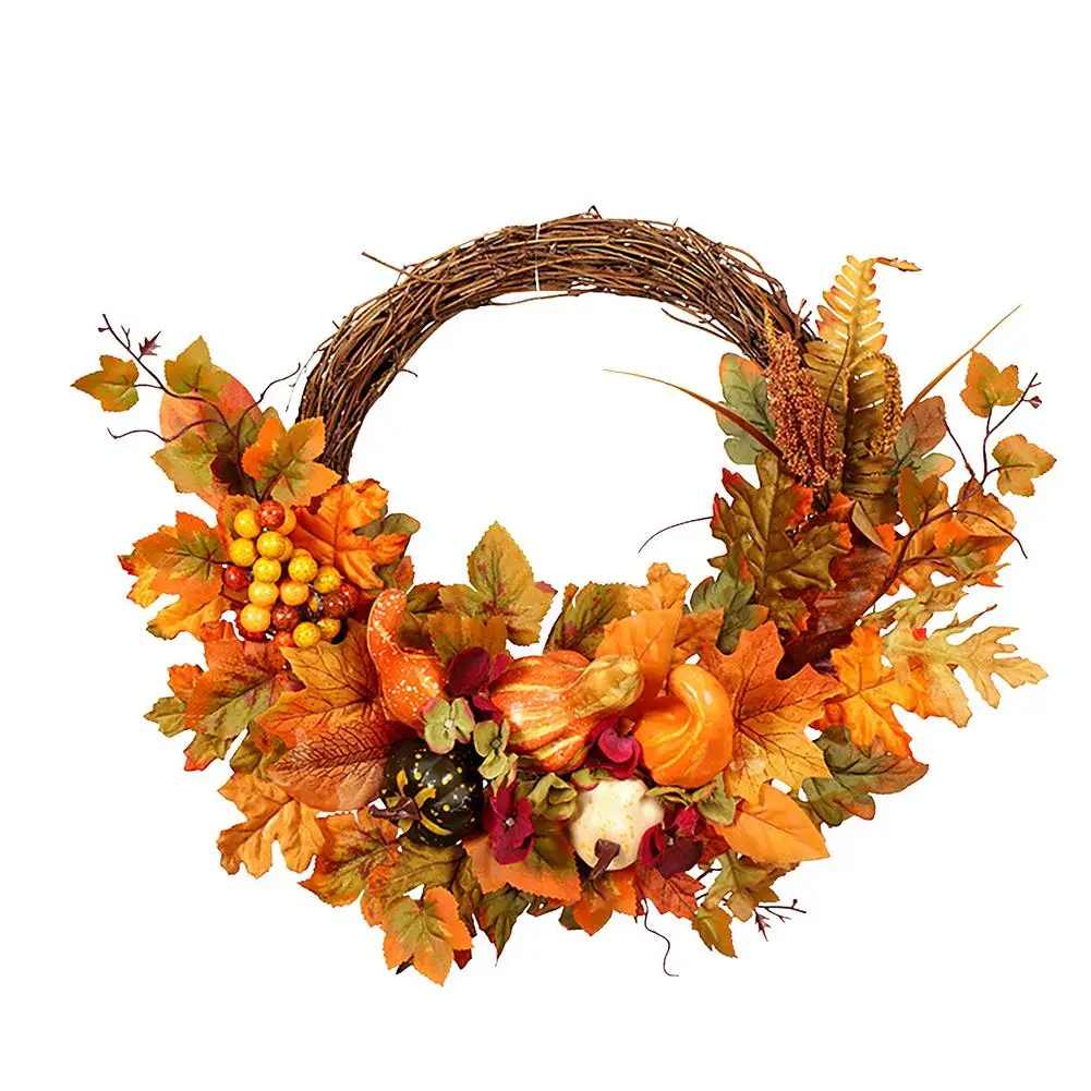 

Maple Leaf Wreath Berry Pumpkin Simulation Door Hanger Thanksgiving Door Decor Hanging Pendant Artificial Wreath