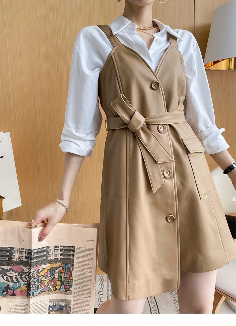 

2021 Autumn Women's High quality sheepskin Real leather Dresss C166