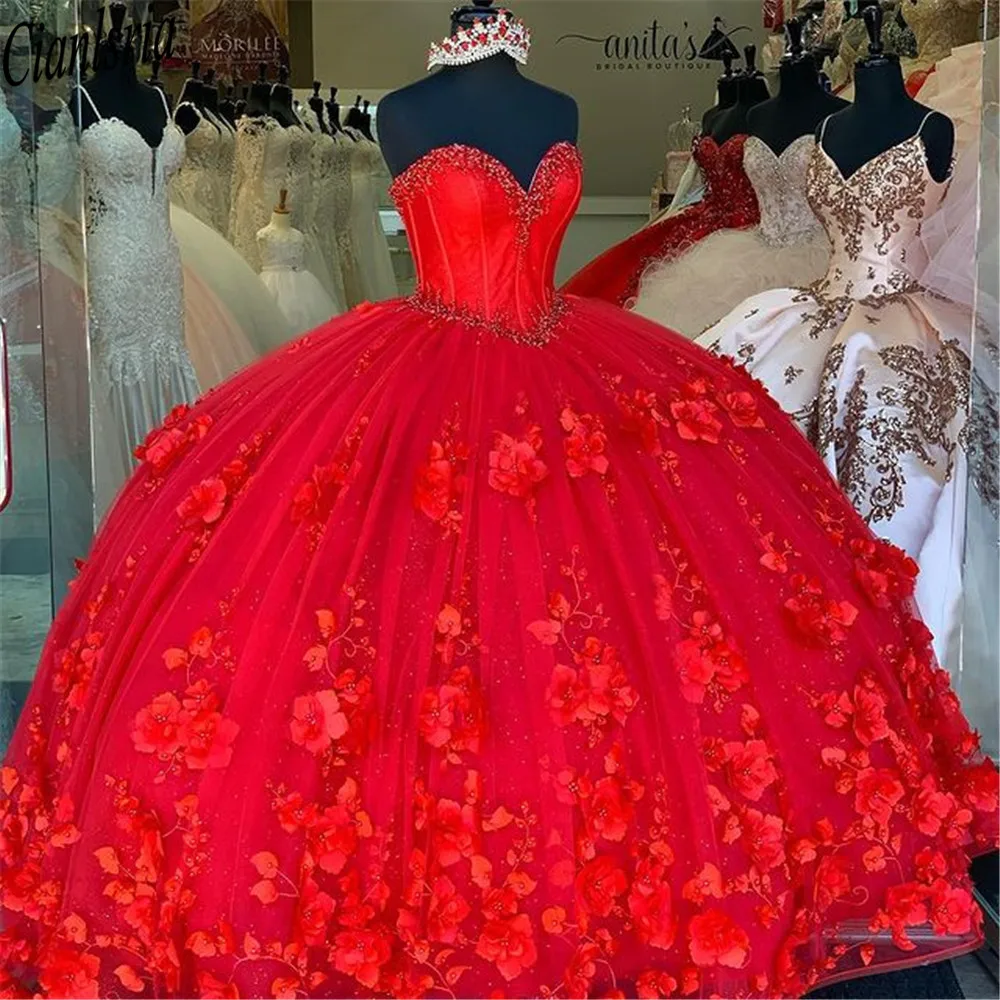 

Hot Red Quinceanera Dresses Ball Gown Sweetheart 3D Rose Flowers Puffy Sweet 16 Dress Celebrity Party Gowns Graduation