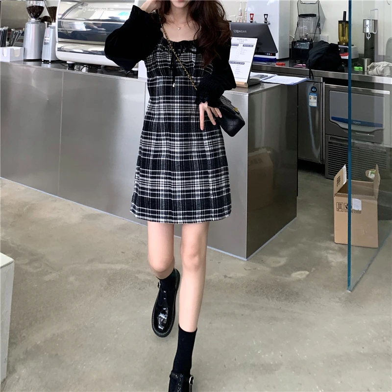 Клетчатое платье женское мини-платье тонкое сексуальное хипстерское Бандажное
