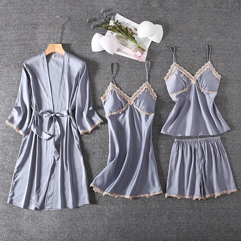 4 Pcs Suit Lace Fashion Women Pajamas With Cheat Pad V-Neck Pyjamas With Belt Satin Soft Touch Nightwear